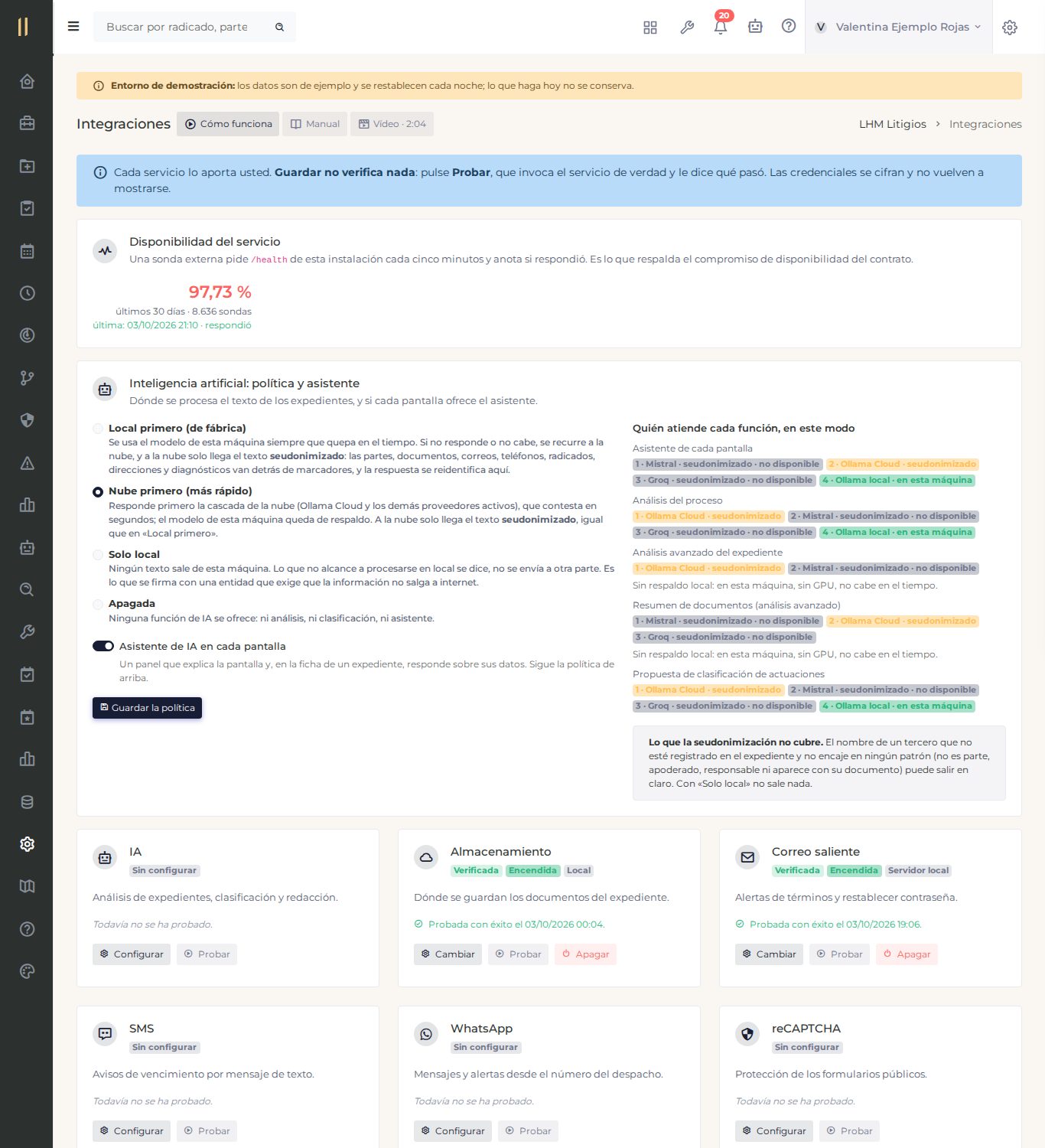 La pantalla «Integraciones», con datos de ejemplo