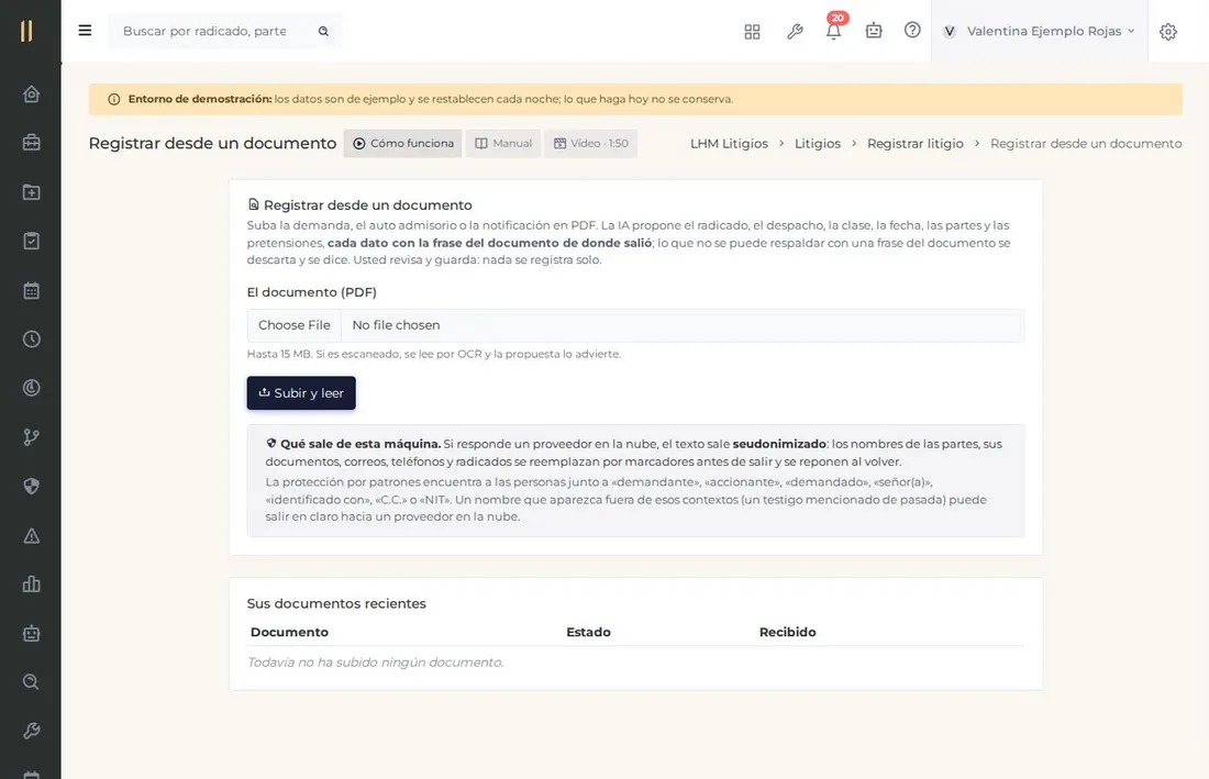 Pantalla del capítulo «Desde la demanda en PDF, con inteligencia artificial», con datos de ejemplo.