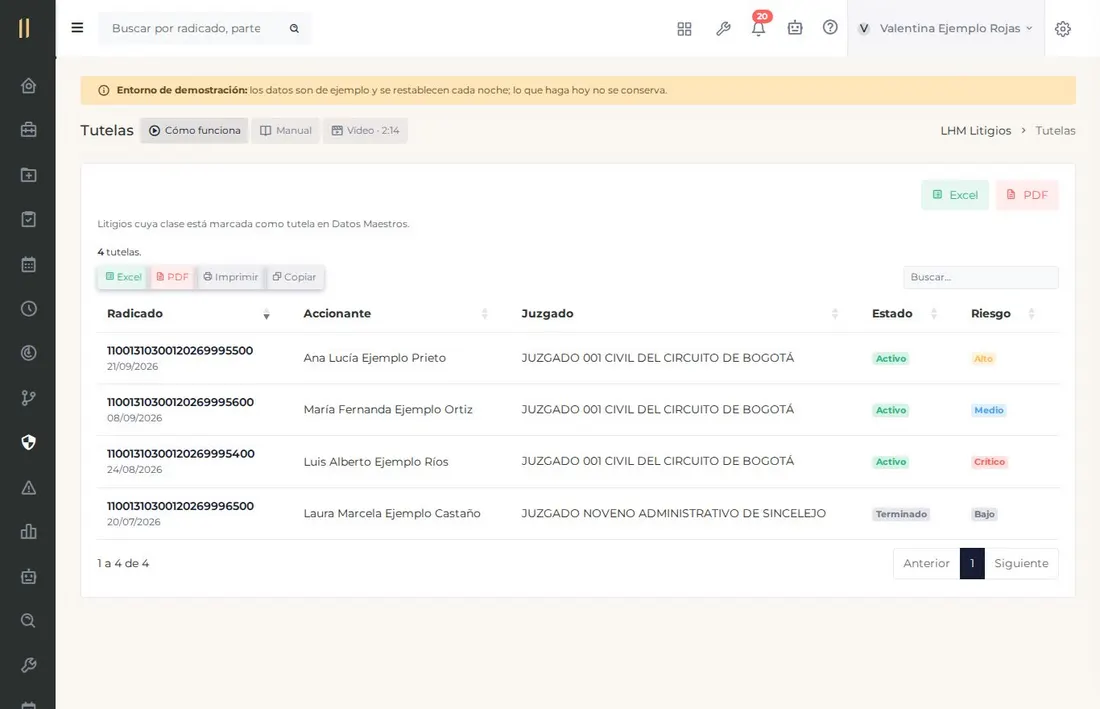 Pantalla del capítulo «Tutelas, riesgo y cumplimiento de fallos», con datos de ejemplo.